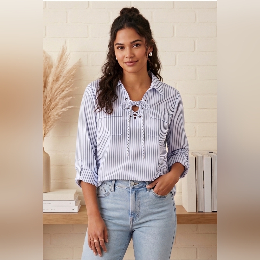 Calvin Klein Blue & White Striped Lace-Up Blouse - XL - Picture 1 of 5